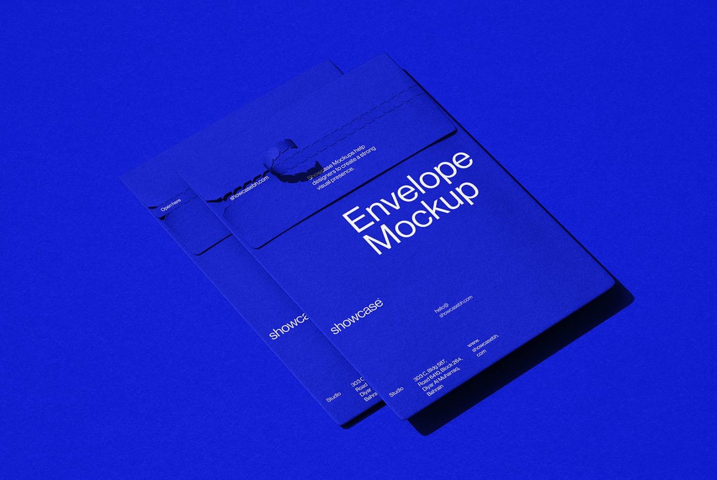 Blue envelope mockup on blue background, showcasing branding design, elegant presentation template for designers, stationery mockup.